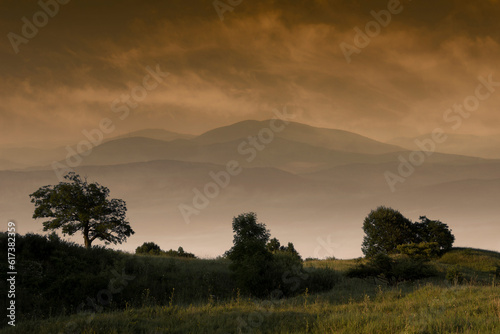 trees  mountain and clouds sunset landscape