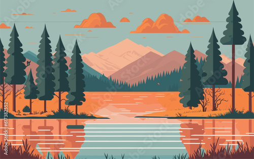 background illustration showcasing a serene lakeside landscape with a tranquil lake, towering trees, and a picturesque sunset. utilize a warm and inviting color palette of flat colors to create a