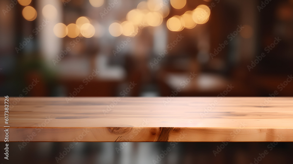 wooden table with a blurry background in a restaurant