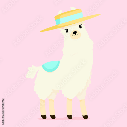 White fluffy llama in a hat