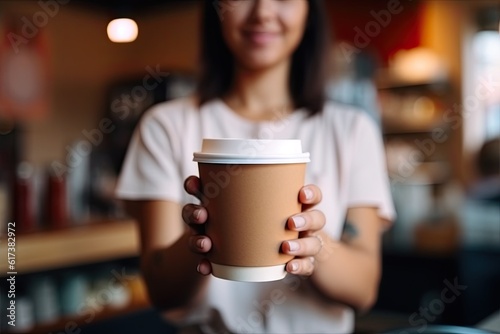Generative AI illustration of a waitress holding and serving a paper cup of hot coffee in cafe, close focus in paper coffee cup in a hand