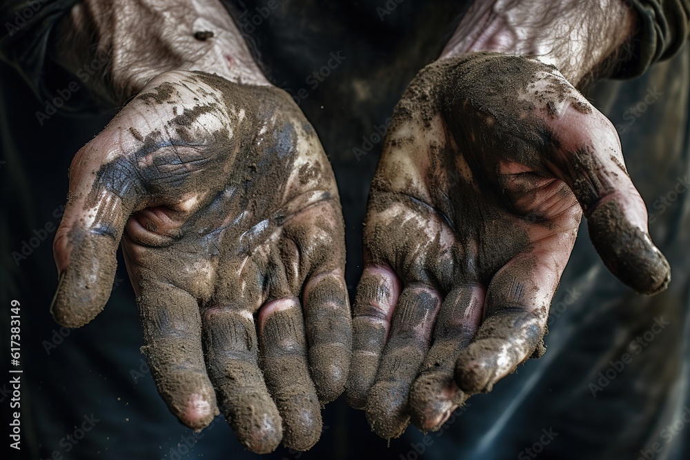Generative AI illustration of dirty hands of workers, farmers. Concept hard work. Generative AI illustration of dirty hands of workers, farmers. Concept hard work.