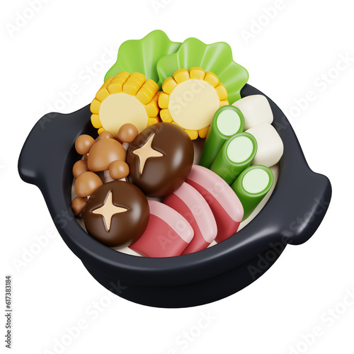 ShabuShabu and Sukiyaki in hotpot Isolated on White. Cute japanese food icon. 3D illustration.
