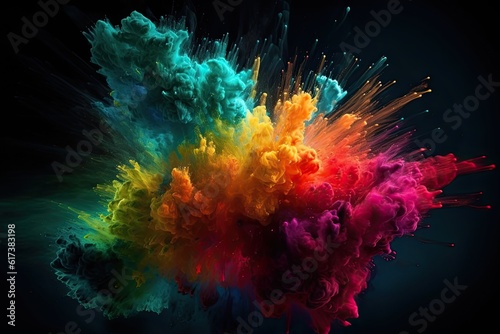Generative AI illustration of explosions of colors on black background  many colors  dynamic  modern  visual effect