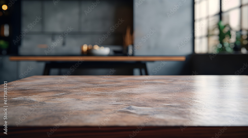 professional render for dark color modern home kitchen depth of field background with staging wooden table