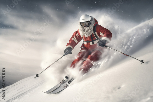 ski snow sport holiday christmas winter mountain skier snowboarder santa. Generative AI.