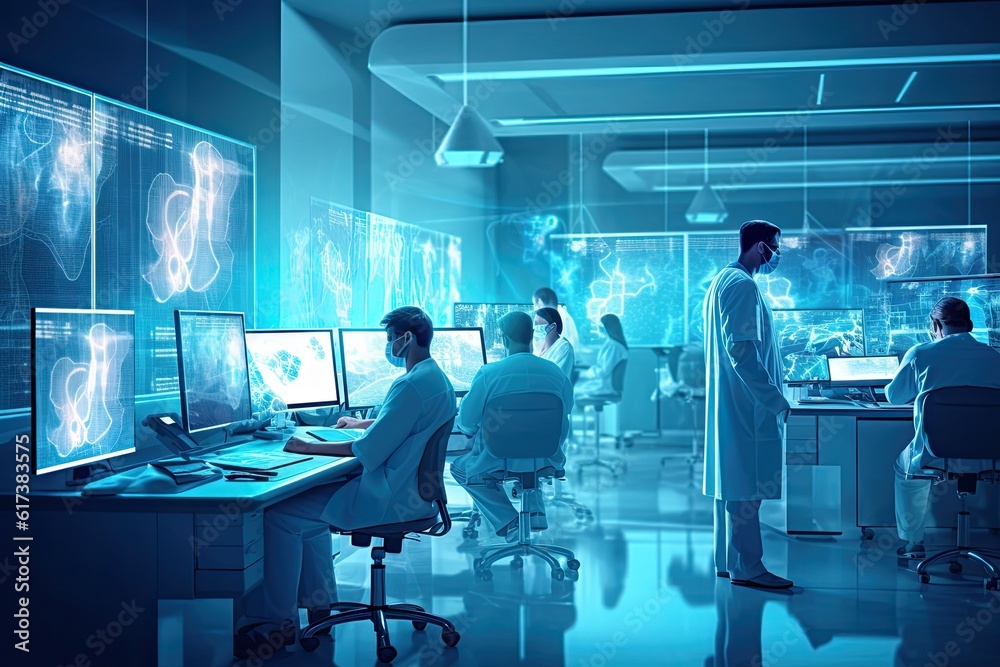 Generative AI illustration of medical professionals using technology to diagnose and treat patients with greater accuracy and precision, AI powered robots, medical technology to provide care. Generative AI illustration of medical professionals using technology to diagnose and treat patients with greater accuracy and precision, AI powered robots, medical technology to provide care.