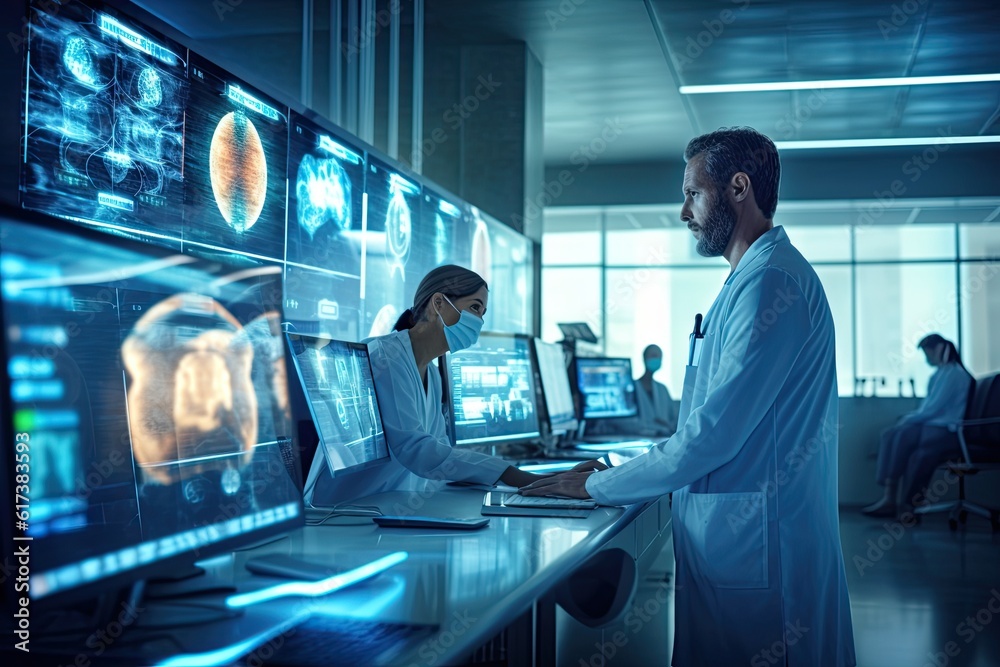 Generative AI illustration of medical professionals using technology to diagnose and treat patients with greater accuracy and precision, AI powered robots, medical technology to provide care. Generative AI illustration of medical professionals using technology to diagnose and treat patients with greater accuracy and precision, AI powered robots, medical technology to provide care.