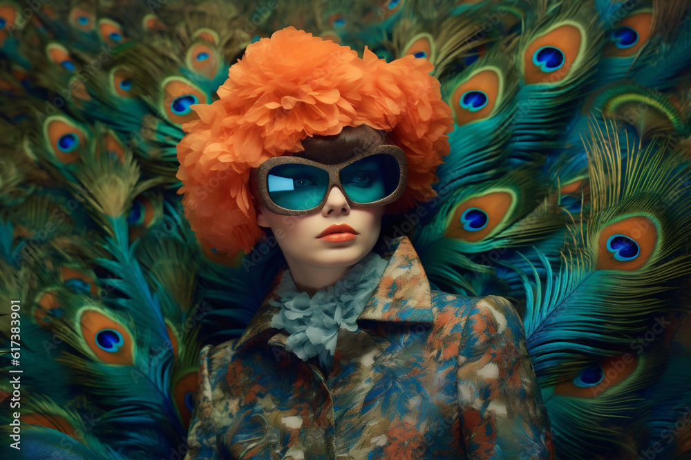 woman fashion peacock young beautiful caucasian jungle beauty bird face glamour. Generative AI.