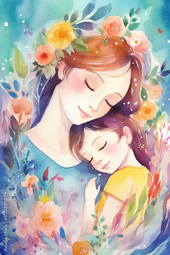 Generative AI illustration of mother and child hugging, bright colors, exquisite details, children's book style, watercolor