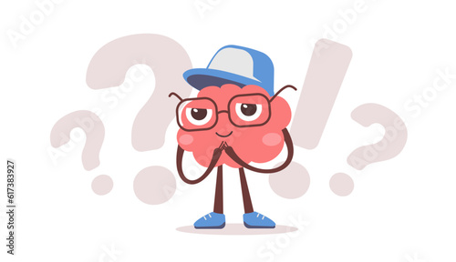 Vector illustration of happy brain character with glasses, cap and question with exclamation mark. Flat style design of business pink brain character think
