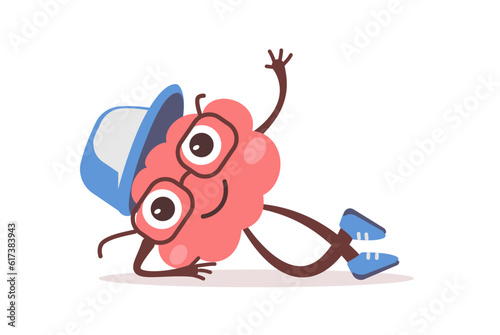 Vector illustration of happy brain character with glasses and cap lie down and rest. Flat style design of business pink brain character on white color background