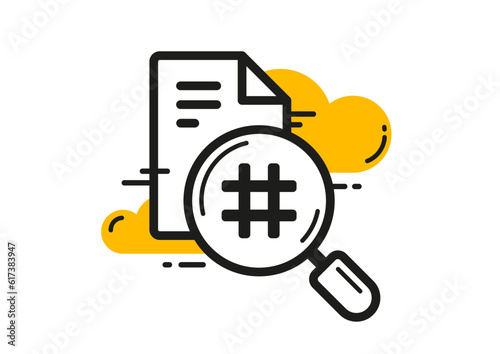 Vector illustration of document analysis and search icon with magnifying glass and hashtag on white color background. Flat line art style design of document in cloud service icon