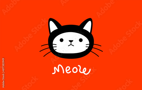 Vector illustration of head of happy animal cat character on red color background. Flat style design of black and white cute cat with moustache and word meow