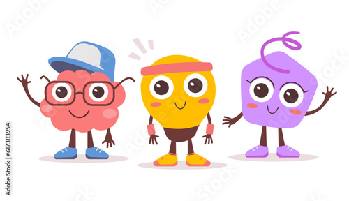 Wallpaper Mural Vector illustration of happy kid character team on white color background. Flat style design of brain in cap, light bulb and geometric shape character friend Torontodigital.ca