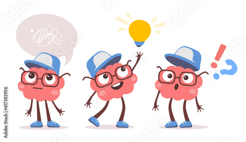 Vector set of illustration of happy brain character in different pose on white color background. Flat style design of think kid character in glasses and cap with light bulb, speech bubble, idea