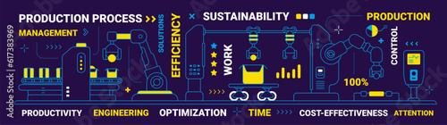 Vector illustration of mechanism on dark color background with word. Flat line art style design of production mechanism