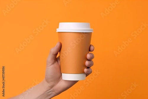 Generative AI illustration of paper coffee cup in a hand, isolated orange background © CravenA