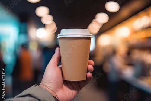 Generative AI illustration of paper coffee cup in a hand with isolated blurry background