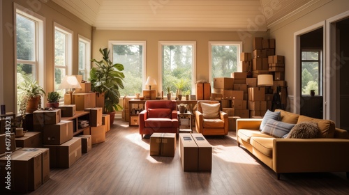 Moving day concept, cardboard carton boxes stack with household belongings in modern house living room, relocation, renovation, removals and delivery service.