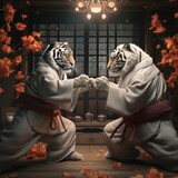 Two tigers fighting on the tatami mat