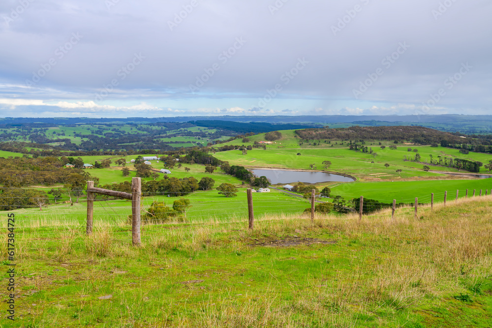 Adelaide Hills green farmlands during winter season, South Australia