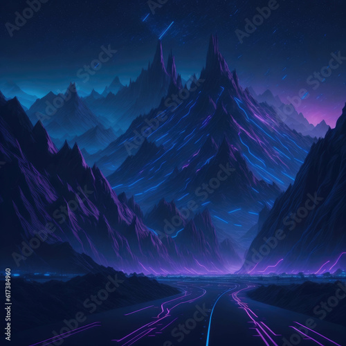 Futuristic Mountain  City Scene With Neon Tube Glowing lights  Sci-Fi Alien World  Night With Clouds and Mist  Generative AI