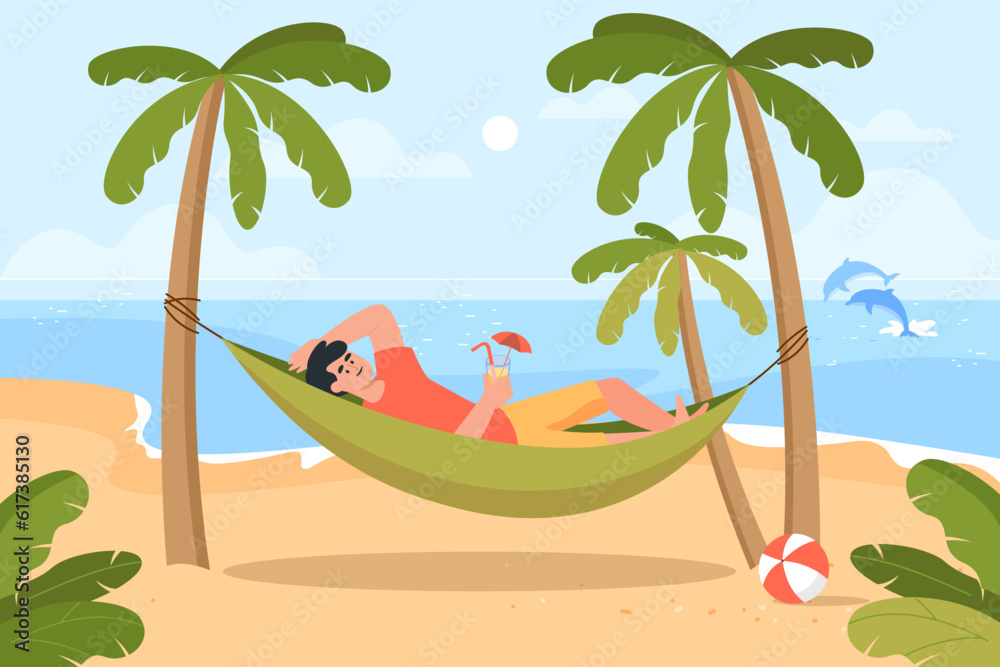 Happy man lying in hammock vector illustration. Male character relaxing on beach near sea, drinking cocktail and enjoying summer vacation. Travel, tourism, relaxation concept
