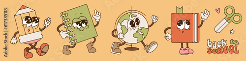 Groovy retro cartoon characters set for First Day of School celebrating. Back to School vintage stationery mascots in 80s-90s Groove Style. Contour vector illustration.