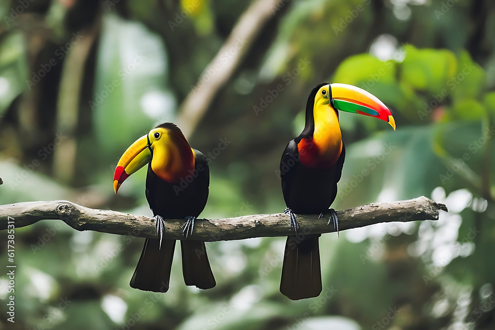 Obraz premium closeup shot of beautiful Birds sitting on a tree branch surrounded by green leaves_17