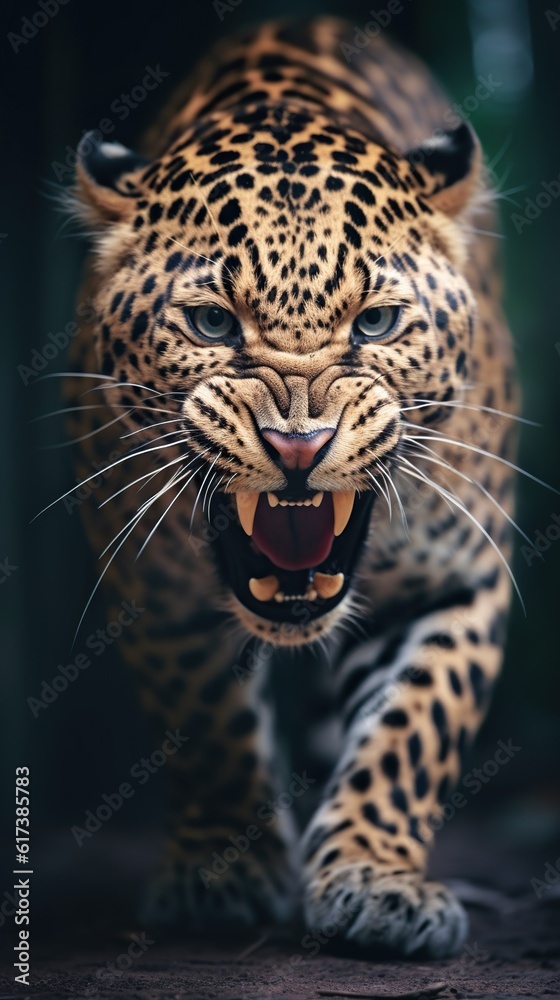Fierce Encounter: Dramatic Close-Up of an Angry Charging Leopard. Generative AI