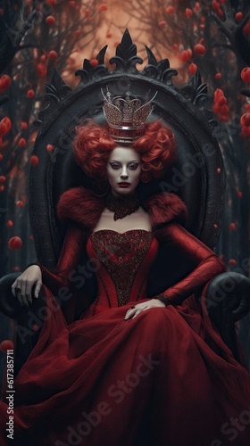 Crimson Royalty  Enchanting Lady in a Fantasy Red Dress on a Queen Chair. Not real person. Generative AIu