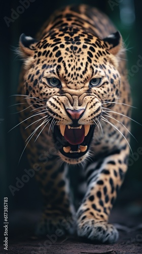 Fierce Encounter  Dramatic Close-Up of an Angry Charging Leopard. Generative AI