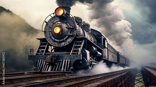 Classic steam locomotive train engine on track generative ai