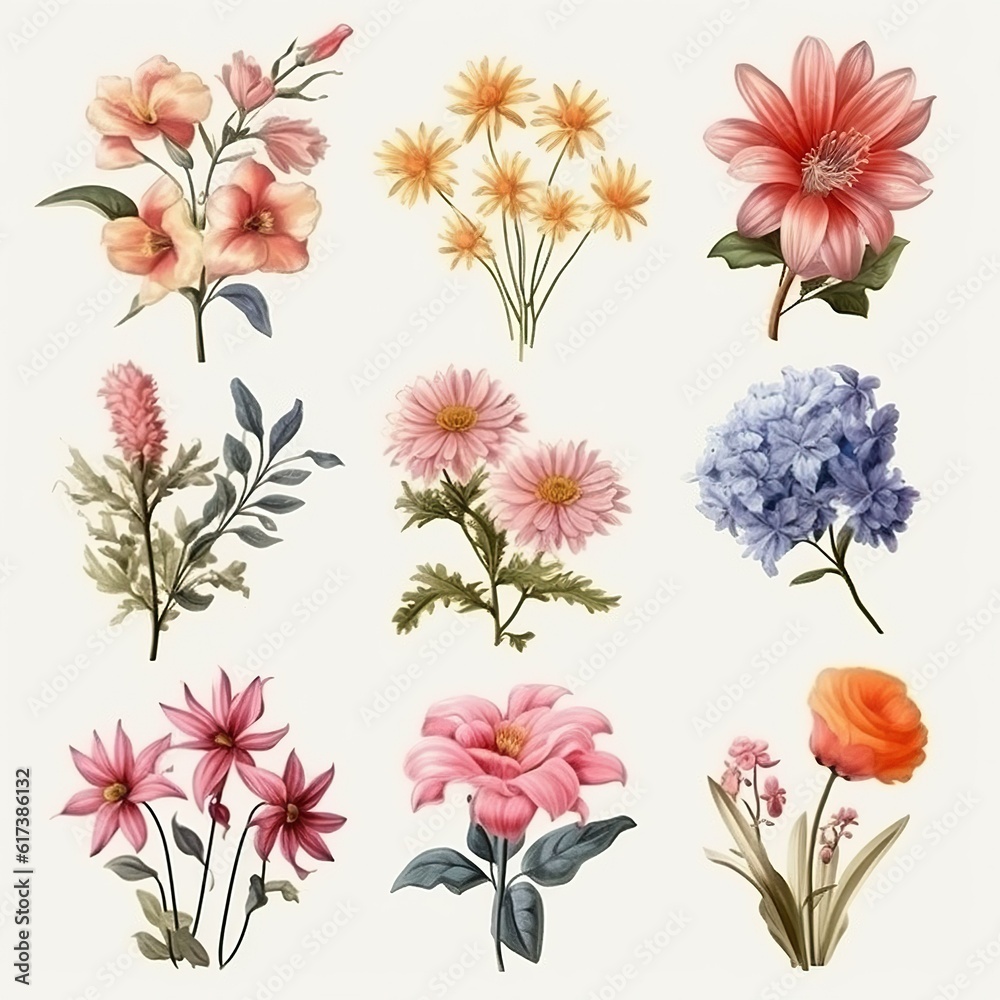 Floral Symphony: A Pack of Beautiful Flower Elements. Generative AI