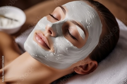 Indulgent Bliss: Serene Model Embracing Spa Experience with Facial Beauty Products Mask. Not real person. Generative AI