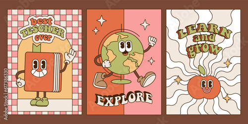 Back to school groovy a4 postcards set in retro 70s style. Psychedelic poster hippie design with retro catroon characters. School and education doodles hand drawn posters. Linear vector illustration