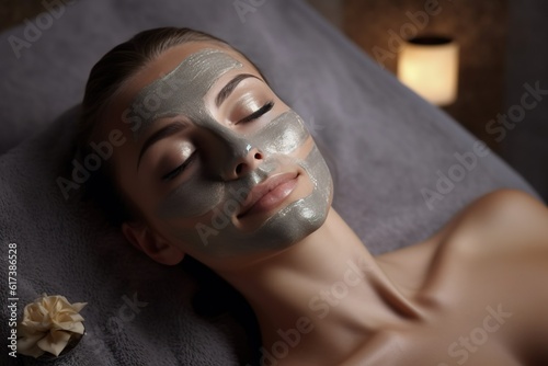 Indulgent Bliss  Serene Model Embracing Spa Experience with Facial Beauty Products Mask. Not real person. Generative AI