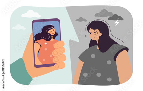 Sad girl looking at happy girl on photo vector illustration. Cartoon drawing of upset woman with low self-esteem looking at phone screen in big hand. Beauty standards, social media concept photo
