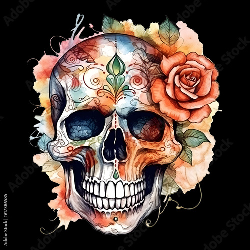 Colorful Sugar Skull rose coloring Watercolor, AI generated.