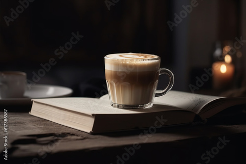 Double Wall Cup Of Milky Coffee Standing On Book Layin, Generative AI photo