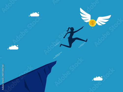 Finance and investment. woman jumping and grabbing coin vector