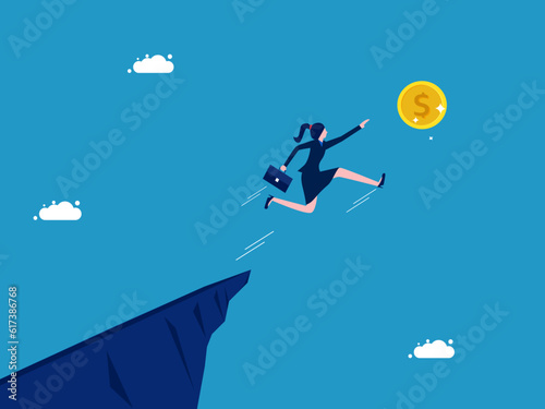 Businesswoman jumping and grabbing coin vector