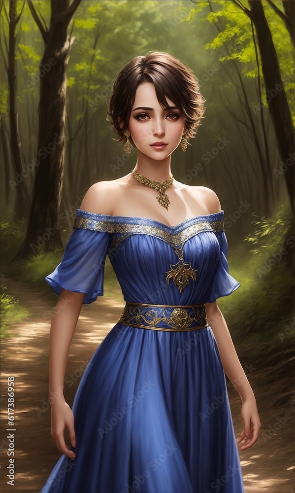 Web game style realistic art of lonely girl in forest park in beatiful dress Web game style realistic art of lonely girl in forest park in beatiful dress