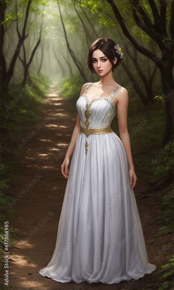 Web game style realistic art of lonely  girl in forest park in beatiful dress 