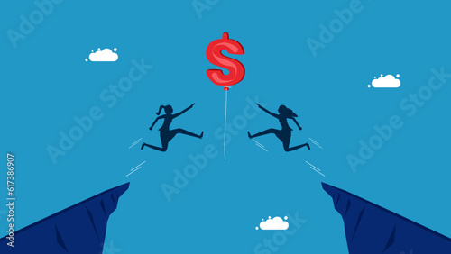 Two women jumping in a race to grab a dollar balloon. business competition for profit vector