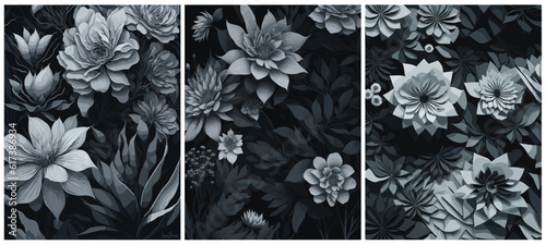 set of abstract black and white background vector with flowers and leaves.