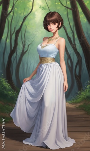 Web game style realistic art of lonely  girl in forest park in beatiful dress 