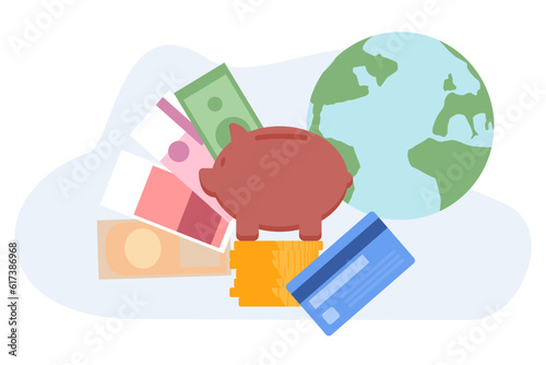 Various currencies of world vector illustration. Banknotes from different countries, world globe and piggy bank standing on coins and credit card. Money, finance, banking, business concept
