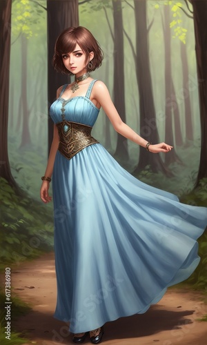 Web game style realistic art of lonely  girl in forest park in beatiful dress 